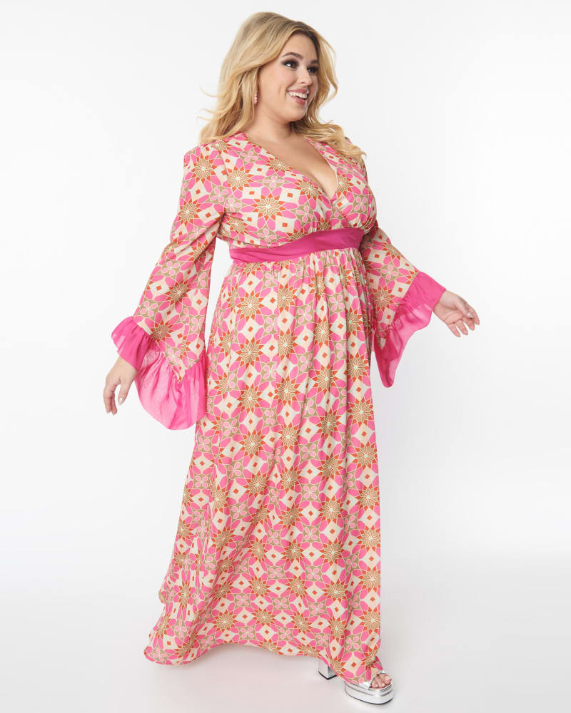 Front of a model wearing a size 2X Unique Vintage Pink Stained Glass Floral Maxi Dress in Pink, Floral by Unique Vintage. | dia_product_style_image_id:287444